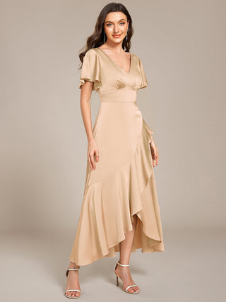 Short Sleeve Ruffled V-Neck Asymmetrical Hem Midi Bridesmaid Dress