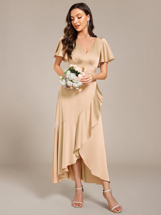 Short Sleeve Ruffled V-Neck Asymmetrical Hem Midi Bridesmaid Dress