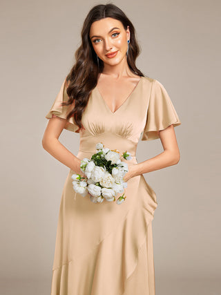 Short Sleeve Ruffled V-Neck Asymmetrical Hem Midi Bridesmaid Dress