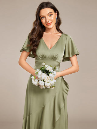 Short Sleeve Ruffled V-Neck Asymmetrical Hem Midi Bridesmaid Dress