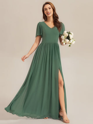 Short Sleeve V-Neck Backless A-Line Floor Length Bridesmaid Dresses