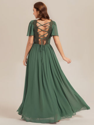 Short Sleeve V-Neck Backless A-Line Floor Length Bridesmaid Dresses
