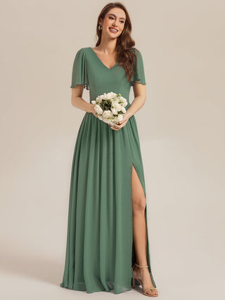 Short Sleeve V-Neck Backless A-Line Floor Length Bridesmaid Dresses