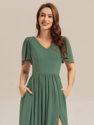 Short Sleeve V-Neck Backless A-Line Floor Length Bridesmaid Dresses