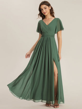 Short Sleeve V-Neck A-Line Floor Length Dress with Thigh-High Slit, Bridesmaid Dresses