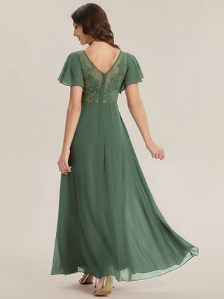 Short Sleeve V-Neck A-Line Floor Length Dress with Thigh-High Slit, Bridesmaid Dresses