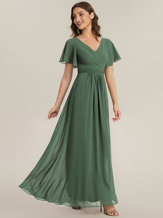 Short Sleeve V-Neck A-Line Floor Length Dress with Thigh-High Slit, Bridesmaid Dresses
