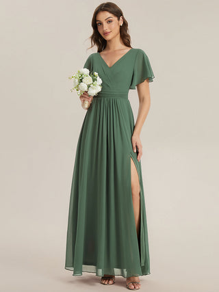 Short Sleeve V-Neck A-Line Floor Length Dress with Thigh-High Slit, Bridesmaid Dresses