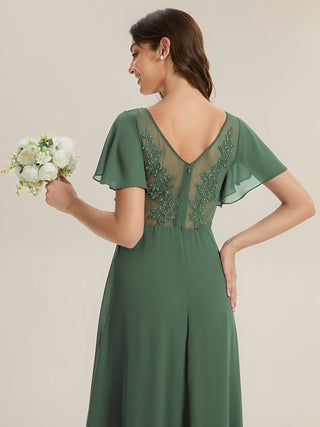 Short Sleeve V-Neck A-Line Floor Length Dress with Thigh-High Slit, Bridesmaid Dresses