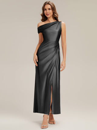 Short Sleeve Asymmetrical High Stretch Sheath Dress with Thigh-High Slit Bridesmaid Dresses