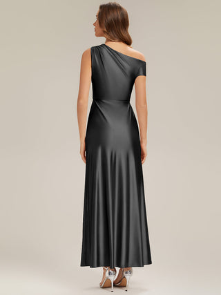 Short Sleeve Asymmetrical High Stretch Sheath Dress with Thigh-High Slit Bridesmaid Dresses