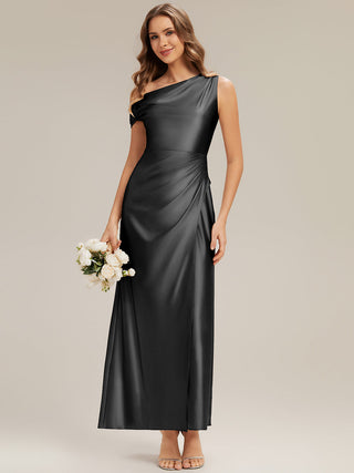 Short Sleeve Asymmetrical High Stretch Sheath Dress with Thigh-High Slit Bridesmaid Dresses