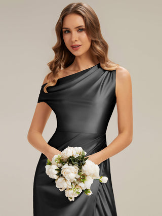 Short Sleeve Asymmetrical High Stretch Sheath Dress with Thigh-High Slit Bridesmaid Dresses