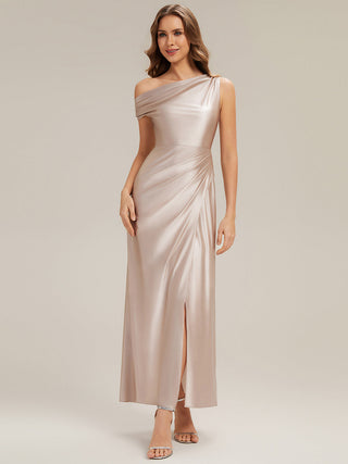 Short Sleeve Asymmetrical High Stretch Sheath Dress with Thigh-High Slit Bridesmaid Dresses