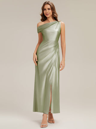 Short Sleeve Asymmetrical High Stretch Sheath Dress with Thigh-High Slit Bridesmaid Dresses
