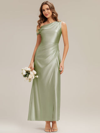 Short Sleeve Asymmetrical High Stretch Sheath Dress with Thigh-High Slit Bridesmaid Dresses