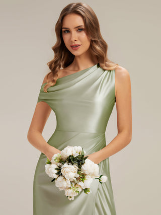 Short Sleeve Asymmetrical High Stretch Sheath Dress with Thigh-High Slit Bridesmaid Dresses