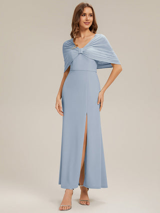 Short Sleeve High Stretch Sheath Strapless Floor Length Dress with Slit & Bowknot Bridesmaid Dresses