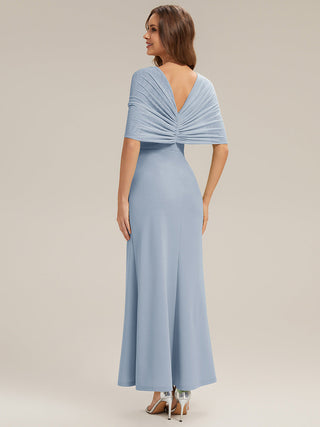 Short Sleeve High Stretch Sheath Strapless Floor Length Dress with Slit & Bowknot Bridesmaid Dresses