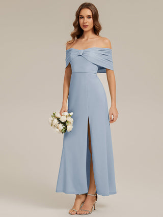 Short Sleeve High Stretch Sheath Strapless Floor Length Dress with Slit & Bowknot Bridesmaid Dresses