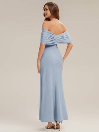 Short Sleeve High Stretch Sheath Strapless Floor Length Dress with Slit & Bowknot Bridesmaid Dresses