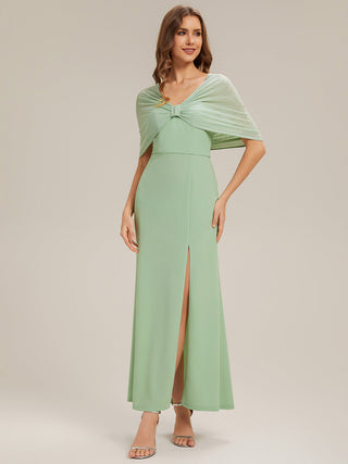 Short Sleeve High Stretch Sheath Strapless Floor Length Dress with Slit & Bowknot Bridesmaid Dresses