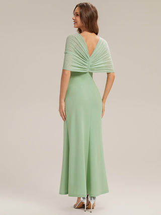 Short Sleeve High Stretch Sheath Strapless Floor Length Dress with Slit & Bowknot Bridesmaid Dresses
