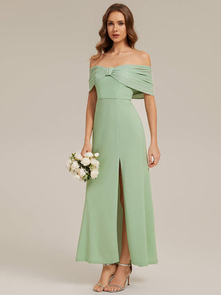 Short Sleeve High Stretch Sheath Strapless Floor Length Dress with Slit & Bowknot Bridesmaid Dresses
