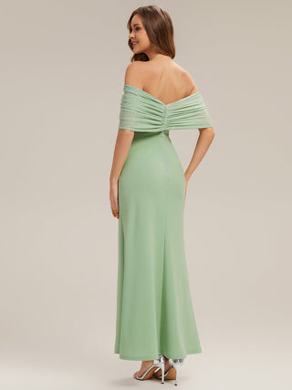 Short Sleeve High Stretch Sheath Strapless Floor Length Dress with Slit & Bowknot Bridesmaid Dresses