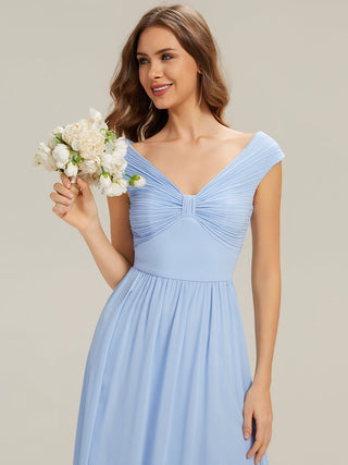 Commercial Sleeveless Off Shoulder Deep V-Neck Pleated A-Line Floor Length Bridesmaid Dresses