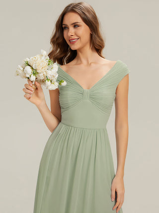 Commercial Sleeveless Off Shoulder Deep V-Neck Pleated A-Line Floor Length Bridesmaid Dresses