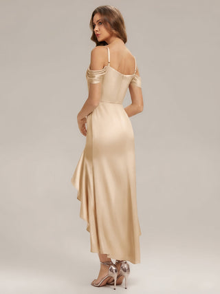 Short Sleeve Cowl Neck Fishtail High-Low Bridesmaid Dresses