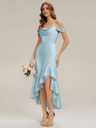 Short Sleeve Cowl Neck Fishtail High-Low Bridesmaid Dresses