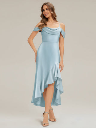 Short Sleeve Cowl Neck Fishtail High-Low Bridesmaid Dresses