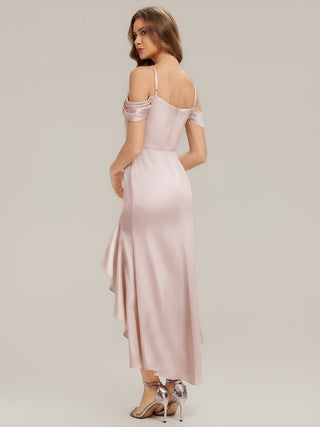 Short Sleeve Cowl Neck Fishtail High-Low Bridesmaid Dresses