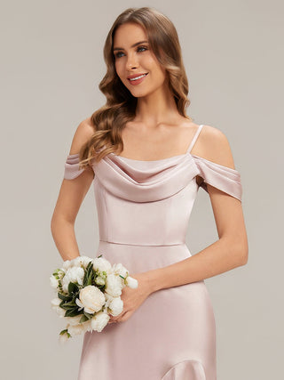 Short Sleeve Cowl Neck Fishtail High-Low Bridesmaid Dresses