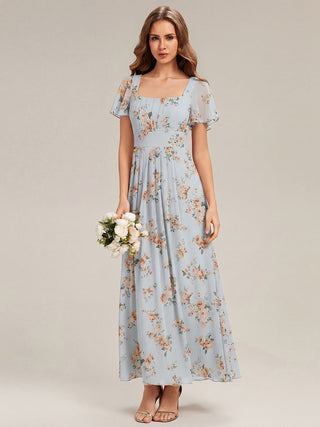 Short Sleeve Ruffle Backless Ruched A-Line Floor Length Bridesmaid Dresses