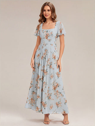 Short Sleeve Ruffle Backless Ruched A-Line Floor Length Bridesmaid Dresses
