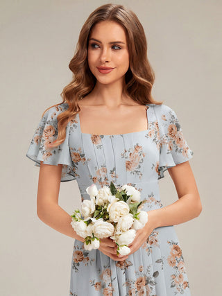 Short Sleeve Ruffle Backless Ruched A-Line Floor Length Bridesmaid Dresses