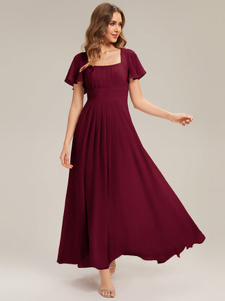 Short Sleeve Ruffle Backless Ruched A-Line Floor Length Bridesmaid Dresses