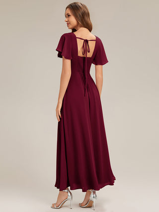 Short Sleeve Ruffle Backless Ruched A-Line Floor Length Bridesmaid Dresses