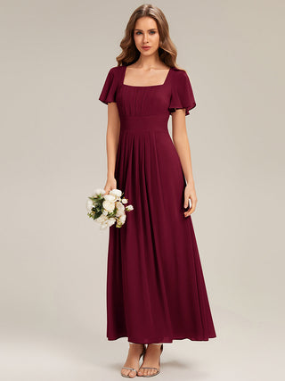Short Sleeve Ruffle Backless Ruched A-Line Floor Length Bridesmaid Dresses