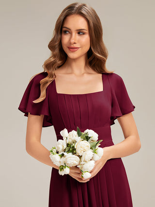 Short Sleeve Ruffle Backless Ruched A-Line Floor Length Bridesmaid Dresses