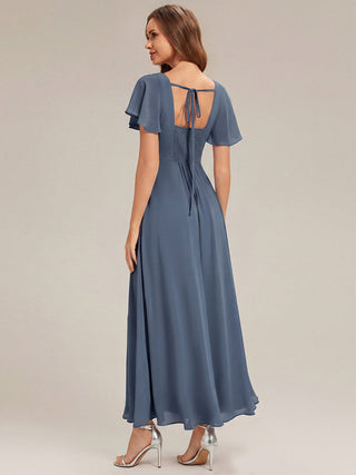 Short Sleeve Ruffle Backless Ruched A-Line Floor Length Bridesmaid Dresses