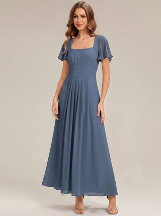 Short Sleeve Ruffle Backless Ruched A-Line Floor Length Bridesmaid Dresses