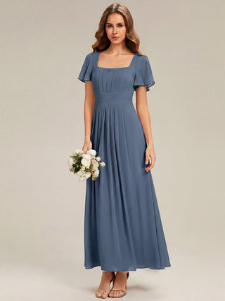 Short Sleeve Ruffle Backless Ruched A-Line Floor Length Bridesmaid Dresses