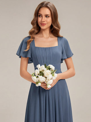 Short Sleeve Ruffle Backless Ruched A-Line Floor Length Bridesmaid Dresses