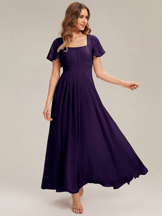 Short Sleeve Ruffle Backless Ruched A-Line Floor Length Bridesmaid Dresses