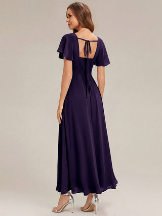 Short Sleeve Ruffle Backless Ruched A-Line Floor Length Bridesmaid Dresses