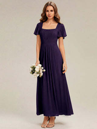 Short Sleeve Ruffle Backless Ruched A-Line Floor Length Bridesmaid Dresses